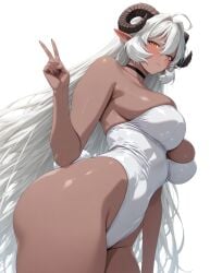 ai_generated artanis_(the_greatest_estate_developer) ass big_ass big_breasts blush bunnysuit dark-skinned_female dark_skin demon demon_girl dkdraven female female_focus female_only horns long_hair looking_at_viewer peace_sign solo solo_female solo_focus the_greatest_estate_developer thick_thighs thighs webtoon white_hair