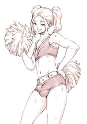 1boy aian black_and_white blonde_hair bulge cheerleader crossdressing cute femboy girly hand_on_hip human looking_at_viewer male male_only nipples_visible_through_clothing penis penis_under_clothes pom_poms short_shorts shorts sketch skinny small_penis smile solo sweat trap