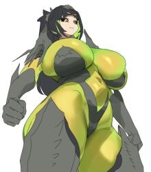 1girls :3 amber_eyes armor big_breasts bile_titan black_hair black_sclera bracers clothing_request cuisse cuisses elbow_gloves female female_only front_view gauntlet gauntlets gorget green_body green_hair green_skin grey_armor gya_rb helldivers high_heels huge_breasts huge_hips inner_hair leotard light-skinned_female lime_body long_hair looking_at_viewer looking_down looking_down_at_viewer low-angle_view mismatched_eyebrows overflowing_breasts ponytail slit_pupils solo stiletto_heels thick_thighs thighhighs three-quarter_portrait two-tone_hair two-tone_skin two_tone_hair two_tone_skin vambraces white_background yellow_eyebrows yellow_eyes