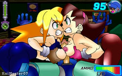 1boy 2girls alternate_version_available angry angry_face angry_sex ass bike_shorts blonde_hair breasts breasts_frottage brown_hair capcom clothed competition competitive_sex double_paizuri double_titfuck female fighting_over_boy gloves grabbing_own_breast grabbing_own_breasts green_eyes health_bar human large_ass love_triangle male mammal mega_man mega_man_legends mega_man_volnutt outercourse paizuri rivals roll_caskett thekaimaster07 thesquiddycipher threesome topless tron_bonne waist