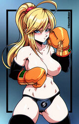 1girls action_pose angry areolae arm_warmers armwear ass_visible_through_thighs biceps big_breasts blonde_hair blue_eyes blush blushing boxing boxing_gloves boxing_stance breasts busty curvy curvy_figure elbow_gloves erect_nipples eyebrows_visible_through_hair female female_focus female_only fighting_stance fit fit_female gloves hair_between_eyes hourglass_figure karosu-maker large_breasts legwear light-skinned_female light_skin long_hair looking_at_viewer metroid mostly_nude navel nintendo nipples nude nudity orange_boxing_gloves orange_gloves pale-skinned_female pale_skin panties ponytail pose posing samus_aran simple_background skimpy skimpy_clothes solo thick thick_thighs thighhighs thighs tied_hair toned toned_female topless wide_hips