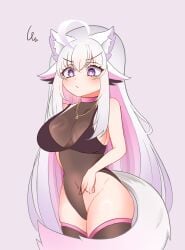 :/ ahoge animal_ears annoyed baruyuky breasts cat_ears cat_girl cat_tail colored_inner_hair colored_tips female gold_necklace hair_between_eyes highres indie_virtual_youtuber jewelry large_breasts long_hair maine multicolored_hair navel necklace pink_background pulling_own_clothes purple_eyes shiyuonline simple_background solo stirrup_legwear tail thick_thighs thighhighs thighs toeless_legwear transparent_leotard