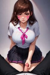 1boy 1girls ai_generated asian asian_female big_breasts black_skirt brown_eyes brown_hair cock d.va dick disappointed dissappointed_look first_person_view hana_song handjob kneeling korean korean_female light-skinned_female light-skinned_male long_hair overwatch penis pink_tie pleated_skirt school_uniform schoolgirl schoolgirl_uniform short_sleeves skirt small_cock small_dick small_penis thick thick_thighs tiny_penis untied_hair video_games white_shirt wide_hips