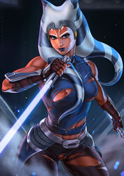 1girls ahsoka_tano alien alien_girl alternate_version_available big_breasts blue_eyes blue_lightsaber breasts clone_wars clothed dandon_fuga exposed_breasts exposed_nipples exposed_pussy female female_only fit fit_female horns jedi jedi_padawan lightsaber lightsaber_hilt muscular muscular_female nipples orange_skin pussy ripped ripped_clothing sci-fi science_fiction scifi solo solo_female star_wars the_clone_wars:_season_seven togruta vagina