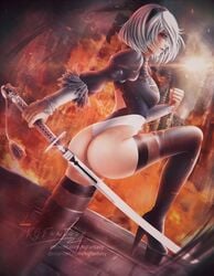 1girls ass back_view blue_eyes city cityscape dat_ass female female_only hairband high_heels katana kgfantasy leotard nier nier:_automata platform_heels pose short_hair solo square_enix sword thighhigh_boots thighhighs white_hair yorha_2b