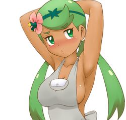 1girls aged_up armpits big_breasts blush dark-skinned_female dark_skin female female_only flower flower_in_hair green_eyes green_hair human large_breasts long_hair mallow_(pokemon) nintendo no_bra pokemon pokemon_sm solo tof twintails white_background