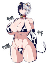 1girls big_breasts black_hair blue_eyes breasts chess_(parallax05) cow_ears cow_girl cow_horns cow_print cowbell female hair human muscular muscular_female parallax05 tagme white_hair