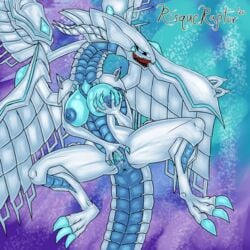 1:1 anthro anthrofied anus blue-eyes_abyss_dragon blue-eyes_white_dragon blue_body blue_scales bodily_fluids breast_grab breasts claws cum deep_of_blue-eyes deep_of_blue_eyes dragon duel_monster female genital_fluids genitals hand_on_breast hi_res konami looking_at_viewer multicolored_body pussy risqueraptor scales solo spread_legs spread_pussy spreading tongue tongue_out white_body white_scales wings yu-gi-oh!