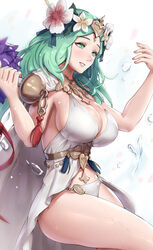 accessory big_breasts cape dress fire_emblem fire_emblem:_three_houses fire_emblem_heroes flower flower_in_hair gonzarez green_eyes green_hair headwear hips large_breasts nintendo rhea_(fire_emblem) rhea_(summer)_(fire_emblem) simple_background smile solo swimsuit thighs tiara water wet wet_clothes wet_skin white_background white_swimsuit