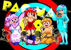 2021 4_eyes 4girls 5boys :< absurd_res antennae apron armpits arms_up aura bare_arms bare_shoulders between_breasts blinky blinky_(pac-man) blue_clothing blue_eyes blue_hair breasts cleavage clothed clothing clyde clyde_(pac-man) confused copyright_name dancing drooling eyebrows_visible_through_hair glasses hand_in_hair hand_on_hip hands_on_hips hands_together happy heart highres humanized hungry inky_(pac-man) jumping kneehighs kneeling knees_together_feet_apart large_breasts long_hair looking_at_another midriff miniboy minus8 motherly multi_eye multiple_boys multiple_girls navel open_clothes open_mouth pac-man pac-man_(series) pac-man_99 pac-man_ghost_dance_(minus8) pants person_between_breasts pink_hair pinky_(pac-man) ponytail red_clothing red_hair saliva saliva_trail scratching_head seiza semi-rimless_glasses shirt shoes short_hair shorts silhouette sitting sleeveless sleeveless_dress smile spaghetti_strap standing tank_top teeth thick_thighs thighhighs thighs tied_hair tight_clothing tight_dress tubetop wavy_mouth wide_hips yellow_clothing yellow_hair