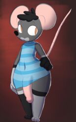 anthro big_penis bottomless clothed clothing dress flaccid fur genitals girly grey_body grey_fur huge_cock hyper hyper_genitalia hyper_penis ikkykrrk male mammal mix_(ikkykrrk) mouse murid murine penis rodent solo topwear