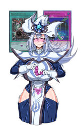 1girls cards condom_wrapper female female_only heart-shaped_pupils hypnosis hypnotized long_hair mind_control parallax05 pink_eyes pubic_tattoo silent_magician solo trembling white_hair yu-gi-oh! yu-gi-oh!_duel_monsters