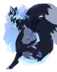 1boy 3_tails ass balls bat_wings black_fur blue_horn blue_wings enjoipandas feet femboy furry furry_ears furry_only furry_tail horns male male_only multi_tail paws simple_background smile white_hair wings