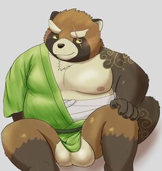 2020 5groo5 anthro balls belly brown_body brown_fur canid canine clothing fur genitals gyobu hi_res kemono male male_only mammal moobs nipples overweight overweight_male raccoon_dog robe scar simple_background sitting solo tanuki tokyo_afterschool_summoners video_games