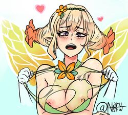 1girls big_breasts blonde_hair blush fairy fairy_wings fire_emblem fire_emblem_heroes large_breasts naru_nsfw nipples open_mouth peony_(fire_emblem) pointy_ears purple_eyes ripped_clothing see-through torn_clothes wings