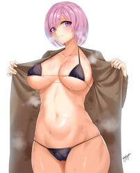 bangs bare_shoulders bikini black_bikini blush breasts brown_coat cleavage coat fate/grand_order fate_(series) female hair_over_one_eye highres kisaragi_(legobionicle23) large_breasts looking_at_viewer mash_kyrielight navel open_clothes open_coat pink_hair purple_eyes tagme