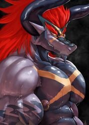 anthro bodily_fluids demon_lord_dragon_batzz future_card_buddyfight humanoid male male_only muscular muscular_male nipple_piercing nipples pecs piercing smiling_at_viewer solo sweat zex