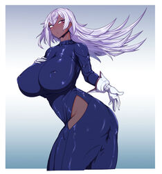 1girls big_breasts blackwashed dark-skinned_female dark_skin female gloves hand_on_ass hip_vent large_breasts looking_at_viewer nipple_bulge parallax05 silent_magician silver_hair tagme yu-gi-oh!