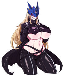 1girls beelstarmon big_breasts blonde_hair breasts clothed curvy digimon female female_focus grin hair large_breasts leather leather_clothing leather_jacket leather_pants long_coat long_hair looking_away mask muscular muscular_female navel parallax05 plain_background red_eyes revealing_clothes sharp_teeth smile solo thick_thighs third_eye underboob white_background