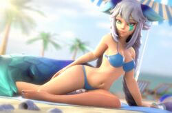 1girls 3d animal_ears animal_tail beach bikini blue_eyes blue_hair blue_nails breasts detailed_background feet female female_only fox_ears fox_girl fox_tail io_(paladins) jineisho light-skinned_female looking_at_viewer medium_breasts navel outside paladins solo