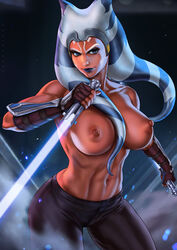 1girls abs ahsoka_tano alien_girl arm_guards black_pants blue_background blue_eyes blue_lips blue_lipstick breasts cleavage clone_wars dandon_fuga energy_sword eyeshadow female female_only fingerless_gloves gloves high_resolution holding_weapon huge_breasts jedi large_breasts lightsaber lipstick looking_at_viewer makeup mascara nipples orange_skin pants pinup solo standing star_wars sword the_clone_wars:_season_seven thick_thighs thighs togruta toned toned_female topless weapon