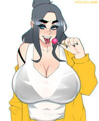1girls alternate_breast_size big_breasts billie_eilish bimbo breast_focus breasts busty celebrity cleavage female female_only foxicube hilly_hellish_(foxicube) huge_breasts human human_only large_breasts lollipop looking_at_viewer musician open_mouth original real_person solo solo_female tongue tongue_out