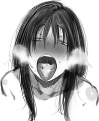 blush breath cum cum_in_mouth eyebrows_visible_through_hair female greyscale long_hair looking_at_viewer monochrome open_mouth original solo suruga_kreuz sweat