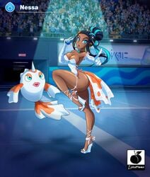 1girls audience big_breasts black_hair blue_eyes blue_hair blue_highlights breasts clothing dark-skinned_female dark_skin dive_ball female female_focus fit goldeen goldeen_(cosplay) heels high_heels linkartoon long_hair looking_at_viewer nessa_(pokemon) nintendo panties pokémon_(species) poke_ball pokeball pokemon pokemon_(cosplay) pokemon_ss shiny_clothes solo_focus text thick_thighs thighs very_high_heels wedge_heels