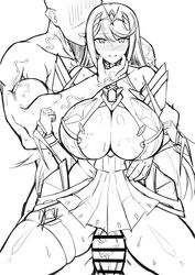 1boy 1girls blush breasts breasts_out from_behind gatyo_5 hikari_(xenoblade_2) huge_breasts long_hair monochrome muscular_male mythra nintendo rape sexual_assault sweat vaginal_penetration xenoblade_(series) xenoblade_chronicles_2