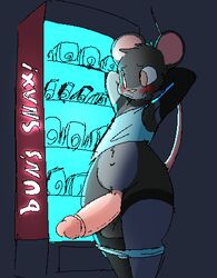 anthro big_penis bottomwear clothed clothing crossdressing exhibitionism fur genitals girly grey_body grey_fur huge_cock hyper hyper_genitalia hyper_penis ikkykrrk low_res male mammal mix_(ikkykrrk) mouse murid murine partially_clothed penis presenting public rodent shorts shorts_down solo vending_machine