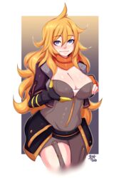 5-ish big_breasts blonde_hair female female_only long_hair prosthetic prosthetic_arm purple_eyes robotic_arm rwby smile solo solo_female solo_focus yang_xiao_long