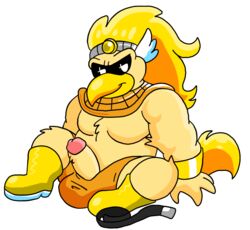 2020 accipitrid accipitriform anthro avian beak belt bird black_sclera blonde_hair boots bottomwear bracelet clothing erection feathers footwear genitals gold_(metal) gold_jewelry hair hi_res humanoid_genitalia humanoid_penis jewelry looking_away male male_only mario_(series) nintendo orange_bottomwear orange_clothing paper_mario penis rawk_hawk simple_background sinribbons sitting solo tan_body tan_feathers undressed video_games white_background white_body white_eyes white_feathers yellow_beak yellow_clothing yellow_footwear