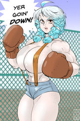 1girls abs aqua_hair armband bare_midriff bare_shoulders biceps big_breasts boxing boxing_gloves breasts brown_boxing_gloves brown_eyes brown_gloves busty character_request cleavage clothed clothing collarbone covered_nipples female female_focus female_only fingerless_gloves freckles gloves hot_pants hotpants hourglass_figure huge_breasts large_breasts light-skinned_female light_skin lips long_hair muscle muscles muscular muscular_female navel outdoors overflow overflowing_breasts pale-skinned_female pale_skin pinup pose posing roumgu short_shorts shorts solo speech_bubble text thick thick_thighs thighs tied_hair twin_braids white_hair wide_hips