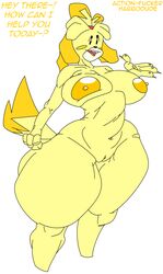 action-coaster_(artist) animal_crossing big_breasts habbodude isabelle_(animal_crossing) nintendo oafworks shortstack simple_background thick_thighs white_background