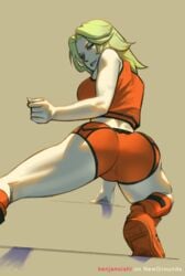 1girls ass blonde_hair blue_eyes clothed female female_only kenjanoishi looking_at_viewer looking_back medium_hair metroid nintendo orange_clothing samus_aran short_shorts smiling sneakers solo solo_female sport_shorts tagme thick_thighs thighs