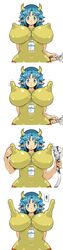 big_breasts big_nipples blue_eyes blue_hair breasts cow_horns ears_down erect_nipples female female_only high_resolution highres horns large_butt long_hair long_nipples long_tail looking_at_viewer milk necklace necklace_between_breasts nipple_expansion nipple_stimulation nipple_tweak nipples puffy_nipples tail tail_grab tight_clothing tight_shirt unknown_artist