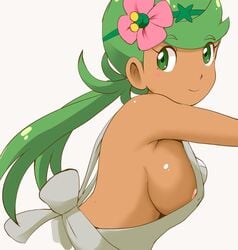 1girls big_breasts dark-skinned_female dark_skin eye_contact female female_only flower flower_in_hair green_eyes green_hair huge_breasts human large_breasts long_hair looking_at_viewer mallow_(pokemon) nintendo no_bra pokemon pokemon_sm smile solo tof twintails white_background