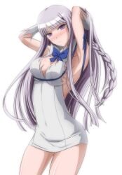 1girls blush breasts cleavage danganronpa danganronpa:_trigger_happy_havoc danganronpa_1 dungeon_ni_deai_wo_motomeru_no_wa_machigatteiru_darou_ka female female_only hestia_(cosplay) hestia_(danmachi) kirigiri_kyouko large_breasts makiri_akira smooth_skin solo white_background