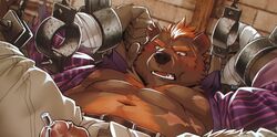 2018 5_fingers abs alternate_version_at_source anthro areola aroused barely_visible_genitalia barely_visible_penis belly_tuft biped black_nose blush bodily_fluids bondage bottomwear bound brown_bear brown_body brown_fur chains character_request cheek_tuft clothed clothing detailed_background erection eyebrows facial_tuft fangs fingers fist foreskin front_view fur fur_markings fur_tuft genitals grey_bottomwear grey_clothing grey_pants hair half-closed_eyes head_tuft humanoid_genitalia humanoid_hands humanoid_penis inside looking_down low-angle_view male male_only mammal markings multicolored_body multicolored_fur muscular muscular_anthro muscular_male narrowed_eyes navel neck_tuft nipples oaks16 open_mouth open_shirt orange_body orange_eyebrows orange_fur orange_markings pants partially_clothed partially_retracted_foreskin pecs penis pink_areola pink_nipples purple_clothing purple_shirt purple_topwear restrained shackles shirt short_hair solo sweat sweatdrop tan_penis teeth thick_eyebrows three-quarter_view tongue topwear tuft uncut urethral_plug ursid ursine wraps