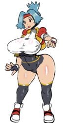 1girls alternate_breast_size big_breasts blue_hair desgardes female huge_breasts huge_thighs human nintendo pale-skinned_female pale_skin pokemon pokemon_ranger red_eyes shoes sneakers solana_(pokemon) thick_thighs thighs voluptuous white_background wide_hips