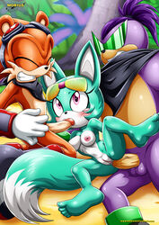 1girls 2boys 5_toes barefoot bbmbbf feet green_fur green_hair light_green_hair naked nipples nude palcomix purple_eyes semen sex sonar_the_fennec sonic_(series) sonic_the_hedgehog_(archie) sonic_the_hedgehog_(series) spike_the_porcupine toes trevor_burrow virginity_loss white_skin