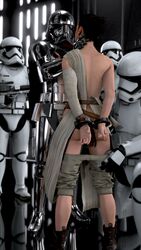 3d armor arms_behind_back blaster captain_phasma captive clothed clothing female firearm forced_exposure gun hand_cuffs hand_on_neck handcuffs holding_gun holding_object holding_weapon indoors inspection pants_down pants_pull prisoner rey shiny_clothes standing star_wars stormtrooper the_force_awakens undressing weapon white_clothing wrist_cuffs yuri