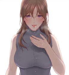 bangs bare_shoulders blush breasts cum cum_in_hands cum_in_mouth edogawa_roman female grey_shirt hair_between_eyes large_breasts long_hair looking_at_viewer open_mouth original purple_eyes ribbed_shirt shirt sidelocks sleeveless sleeveless_shirt tongue tongue_out turtleneck upper_body