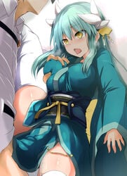 1boy against_wall aqua_hair aqua_kimono bangs blush breasts clothed_sex convenient_censoring dragon_horns fate/grand_order fate_(series) female hair_ornament highres horn horns japanese_clothes kimono kiyohime_(fate/grand_order) large_breasts leg_lift long_hair long_sleeves multi_horn obi open_mouth pelvic_curtain sash sen_(astronomy) sex straight thighhighs thighs vaginal_penetration white_legwear wide_sleeves yellow_eyes