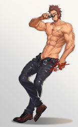 1boy abs alternate_costume bara beard blue_eyes blush brown_hair character_name chest commentary_request facial_hair fate/grand_order fate_(series) flaccid full_body jewelry jin_(sirius-j) leaning_back looking_at_viewer male_focus muscle napoleon_bonaparte_(fate) necklace open_clothes pants partially_undressed partially_unzipped pectorals penis penis_peek scar shoes simple_background smile solo sunglasses