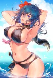 alternate_costume big_breasts bikini black_bikini black_swimsuit blue_eyes blue_hair byleth_(fire_emblem) byleth_(fire_emblem)_(female) byleth_(fire_emblem)_(female)_(summer) clothed_female dou_genzaka female female_only fire_emblem fire_emblem:_three_houses fire_emblem_heroes hair_flower knife large_breasts long_hair nintendo partially_submerged sideboob solo solo_female swimsuit teal_hair