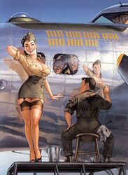 1girls airplane b-17 beret big_breasts breasts brown_eyes busty cleavage earrings female female_focus garter_belt highres hourglass_figure large_breasts lipstick long_hair makeup male military military_hat military_jacket military_uniform miniskirt open_toe_shoes overflowing_breasts paint painting pinup plane pose posing romain_hugault shirt skimpy skimpy_clothes skirt sleeves_rolled_up standing tagme thighhighs wide_hips