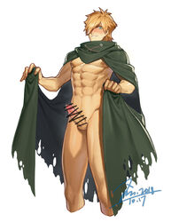 1boy abs bangs blonde_hair blush cape chest cum erection fate/extra fate/grand_order fate_(series) green_eyes hair_over_one_eye jin_(sirius-j) male_focus muscle naked_cape orange_hair pectorals penis robin_hood_(fate) smile solo upper_body