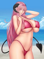 1girls arm_behind_head arm_up bare_shoulders baru_(val-val) beach belly belly_button bikini bikini_bottom bikini_top black_horns black_tail blue_sky blue_water breasts bursting_breasts busty cleavage clouds curvaceous curvy_body curvy_female day daylight daytime demon demon_girl demon_horns demon_tail depth_of_field enormous_breasts erect_nipples eye_contact eyebrows eyebrows_visible_through_hair eyelashes eyelashes_visible_through_hair eyes_visible_through_hair facing_viewer female female_demon fingernails flirtation flirting flirting_with_viewer goat_horns hand_on_own_shoulder hi_res high_resolution highres horizon horns hourglass_figure huge_breasts huge_nipples lips lipstick long_fingernails long_hair long_pointy_ears looking_at_viewer massive_ass massive_breasts matching_hair/eyes matching_hair_and_eye_color matching_hair_and_eyes may_(baru) milf mole mole_under_mouth navel ocean original original_character outdoors pink_bikini pink_bikini_bottom pink_bikini_top pink_eyes pink_fingernails pink_hair pink_lips pink_lipstick pink_nail_polish pink_nails pink_swimsuit pink_swimwear pink_thong pixiv_succubus pointy_ears pose posing sand seductive seductive_eyes seductive_look seductive_mouth shiny shiny_ass shiny_body shiny_hair shiny_skin side-tie_bikini side_tie_bikini sideboob skindentation smile smiling_at_viewer solo succubus succubus_tail swimsuit swimsuit_bottom swimsuit_top thong_bikini tight_bikini tight_fit tight_swimsuit top_heavy underboob very_long_ears very_long_hair water