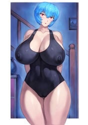 1girls big_breasts blush breasts expressionless female female_only large_breasts light_blue_hair mogudan neon_genesis_evangelion nipples nipples_visible_through_clothing one-piece_swimsuit red_eyes rei_ayanami short_hair skin_tight solo solo_female solo_focus swimsuit thick_thighs